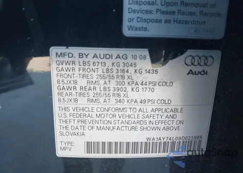 2009 Audi Q7 3.6 5 Passenger/3.6 Premium from USA, damaged, VIN WA1AY74L09D023868